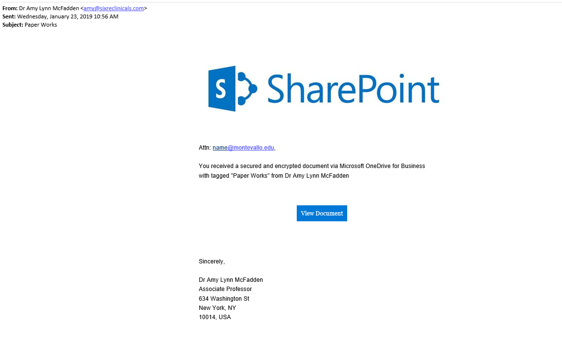 钓鱼电子邮件试图获得访问我们的安全SharePoint网站