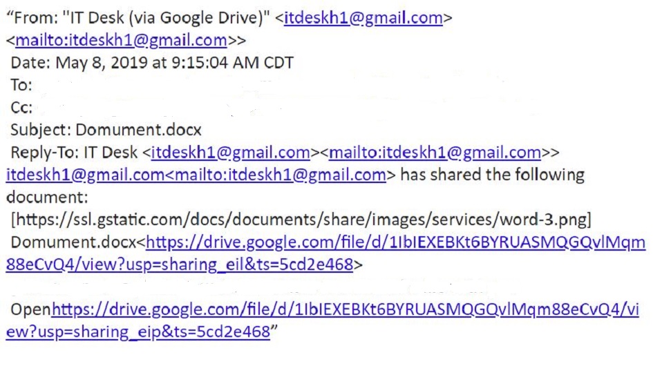 钓鱼邮件用来让人们访问恶意的谷歌驱动器