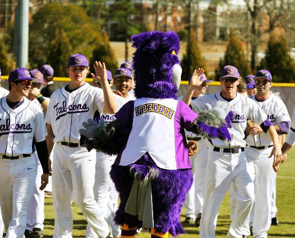 猎鹰弗雷迪（Freddie the Falcon）向蒙特瓦洛vwin德赢官网大学（University of Montevallo）棒球队打招呼。